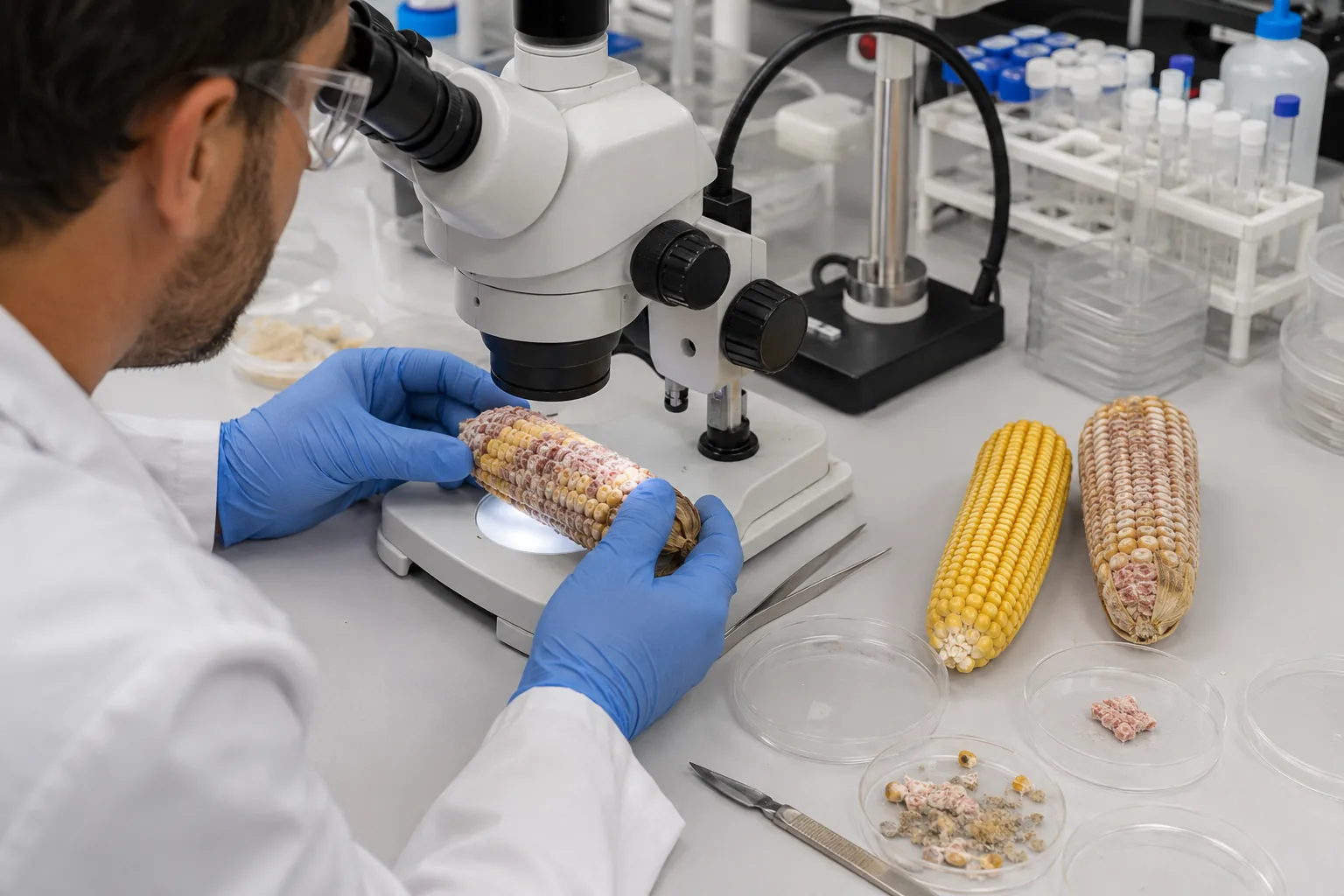 Análise de espiga e grãos de milho em laboratório com estereomicroscópio e materiais de fitopatologia.